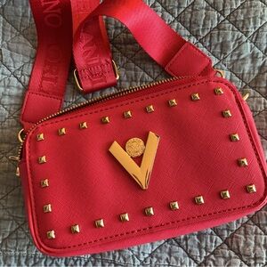 Orlandi Valentino Hot Pink Crossbody with Gold V Logo and Studs